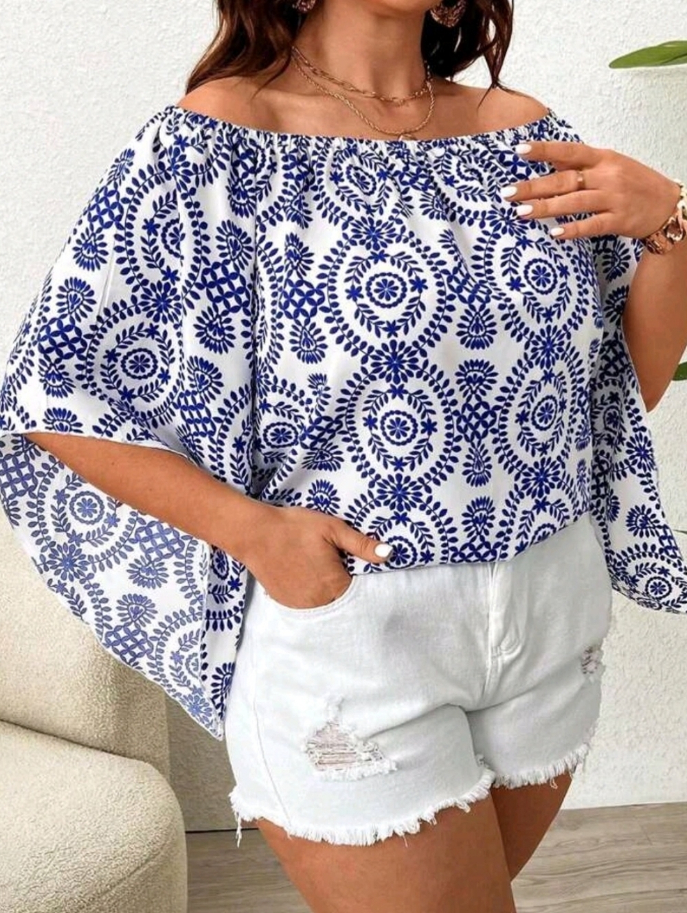 Off-Shoulder Blue & White Printed Top - Women's Boho Blouse - Picture 3 of 4